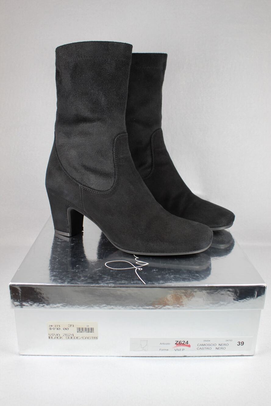 Pas de Rouge Viva Black Suede Mid Calf Boots Women's 8.5 Italy 39 Block Heel